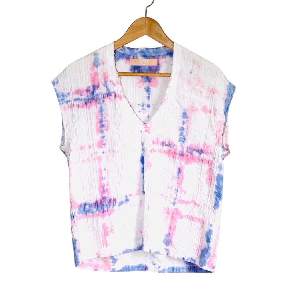 CALI by Cali Dreaming Tie Dye Woven Cotton V Neck Top Small